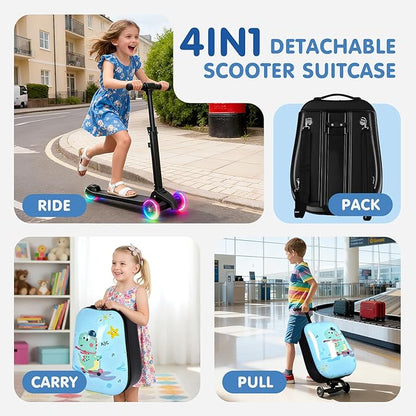 smilesun 4-in-1 Detachable Scooter Luggage for Kids & Teens, Hardside Ride-On Suitcase with Dinosaur Design, Lightweight Foldable, Perfect Travel Gift for Boys(Light Blue 22-inch)