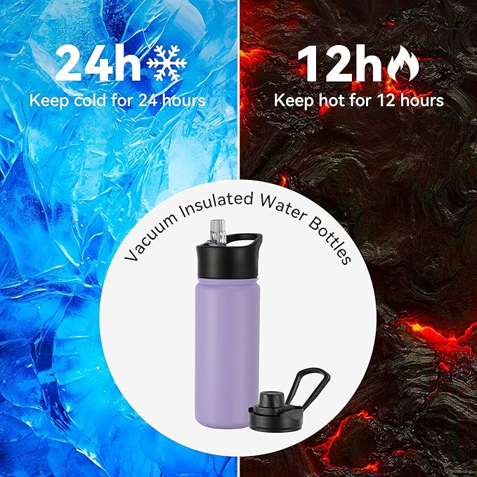 16 oz Insulated Water Bottle with Straw Lids, Stainless Steel Kids Water Bottles for School, Double Wall Vacuum Metal Water Bottle with Straw & Wide Mouth Lid, Lavender 4 Pack