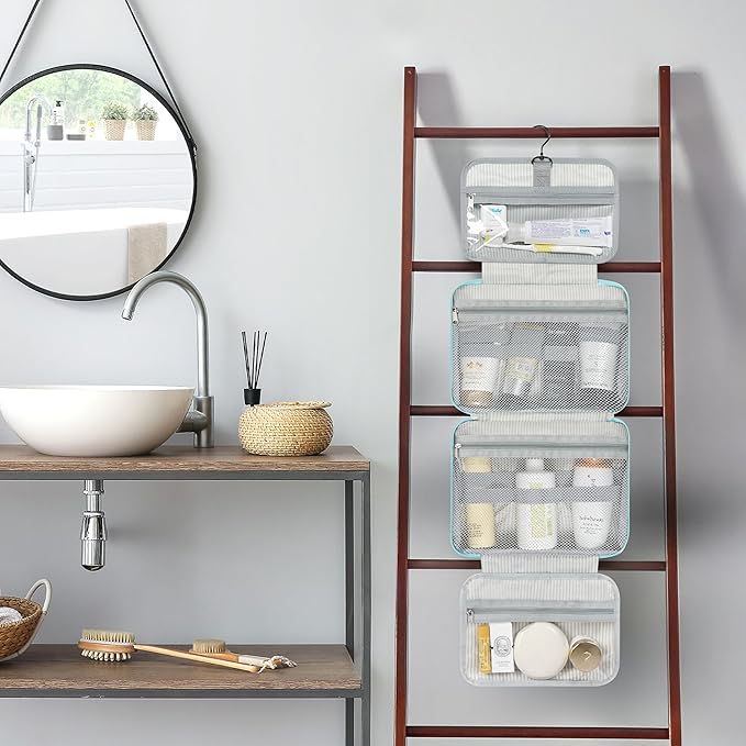 PAVILIA Hanging Toiletry Bag Travel Bag Women Men, Foldable Cosmetic Organizer, Roll up Makeup Bag, Water Resistant Accessories Toiletries, Large Travel Essentials Kit (Teal Chevron)