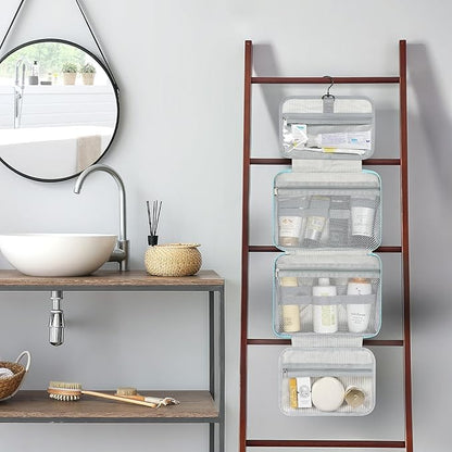 PAVILIA Hanging Toiletry Bag Travel Bag Women Men, Foldable Cosmetic Organizer, Roll up Makeup Bag, Water Resistant Accessories Toiletries, Large Travel Essentials Kit (Teal Chevron)