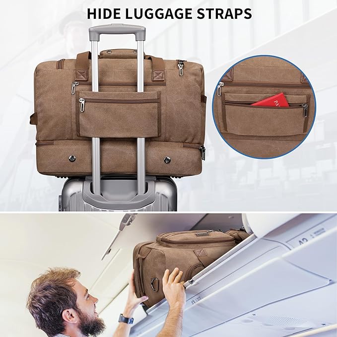 WITZMAN Duffle Bag for Men 50L Canvas Weekender Overnight Bag with Toiletry Bag Sets Travel Duffel Bag Shoes Compartment（A8010-2 Brown）