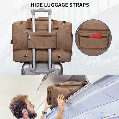 WITZMAN Duffle Bag for Men 50L Canvas Weekender Overnight Bag with Toiletry Bag Sets Travel Duffel Bag Shoes Compartment（A8010-2 Brown）