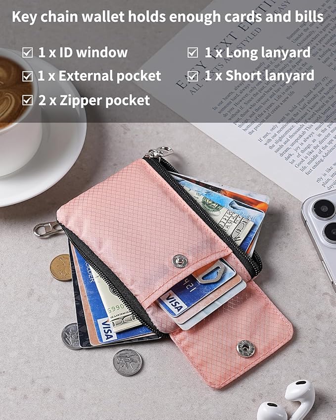 Minimalist Wallet For Mens Womens, Keychain RFID Blocking Zipper Small Wallet with ID Window 2 Lanyards,Water Resistant Travel Cash Card Coin Case Boys Girls