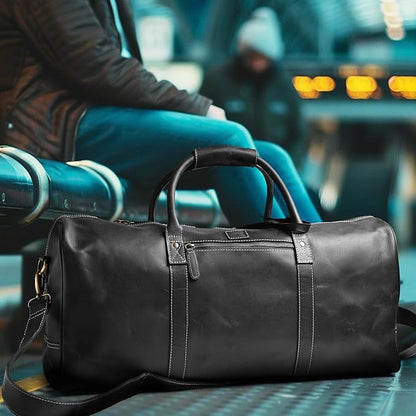 Leather Village Premium Leather Duffel Bags for Men & Women-Stylish Travel Weekender Carry-On Sports Gym Overnight Luggage Bag - 24 Inch - Black