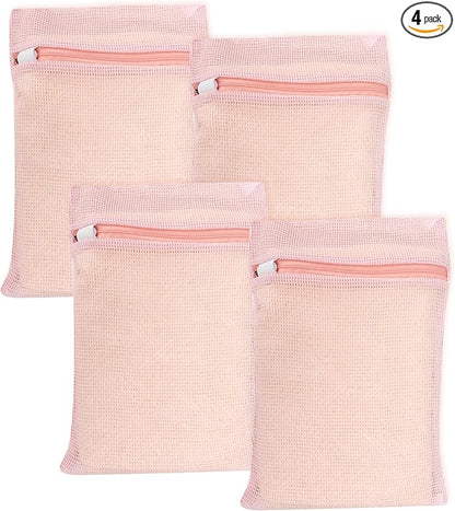 4 Piece Pink Small, Durable Organic Cotton Mesh Laundry Bag with Strong Zipper and Breathable Mesh, Delicate Laundry Bag for Underwear, Clothes, Pants and Socks