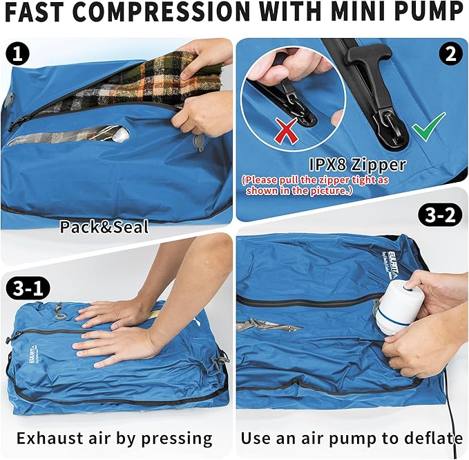 Reusable Vacuum Bags for Travel With Pump,Professional Waterproof IPX8 Zipper Vacuum Compression Bag for Suitcases Backpack,Space Saver Bags Packing Organizers for Clothing Packing(3PACK+PUMP)