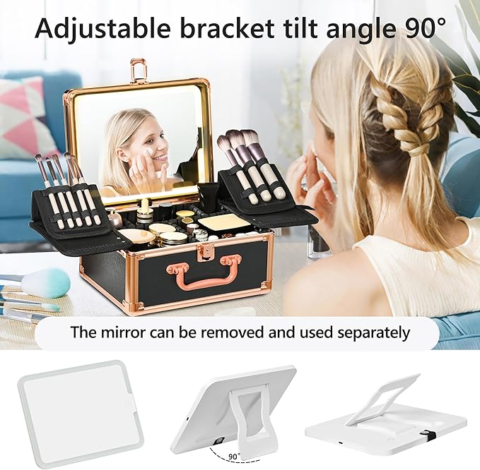 Makeup Case with Lighted Mirror, Makeup Box Organizer with Detachable LED Mirror, Travel Makeup Train Case, Waterproof Cosmetic Organizer, Standing Makeup Brush Holder, Gift, Black Gold