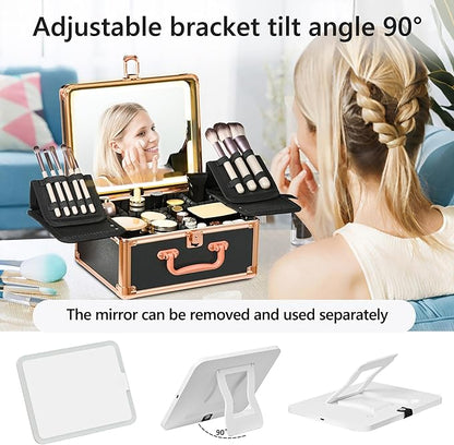 Makeup Case with Lighted Mirror, Makeup Box Organizer with Detachable LED Mirror, Travel Makeup Train Case, Waterproof Cosmetic Organizer, Standing Makeup Brush Holder, Gift, Black Gold