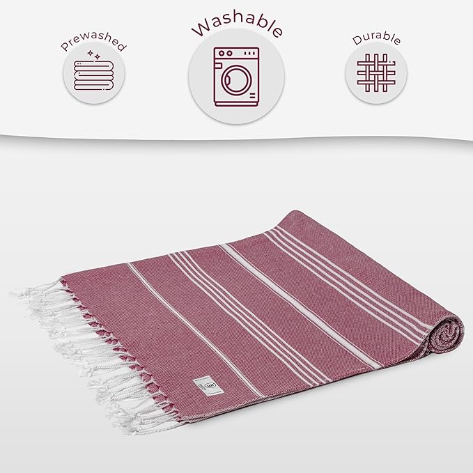 Turkish Beach Towel Lightweight & Striped Extra Large (39" x 71") - Quick Dry, Versatile and Functional as Bath, Yoga Mat, Gym Towel, Travel Blanket, Picnic Blanket - Burgundy
