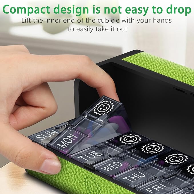 7-Day AM/PM Pill Organizer with Scratch-Resistant Leather Case - Portable Weekly Travel Medicine Box with Detachable Daily Pods & Privacy Design (Dark Green)