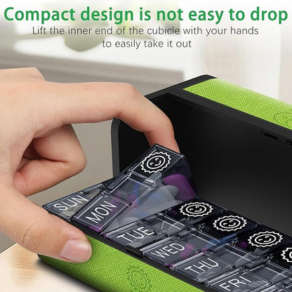 7-Day AM/PM Pill Organizer with Scratch-Resistant Leather Case - Portable Weekly Travel Medicine Box with Detachable Daily Pods & Privacy Design (Dark Green)