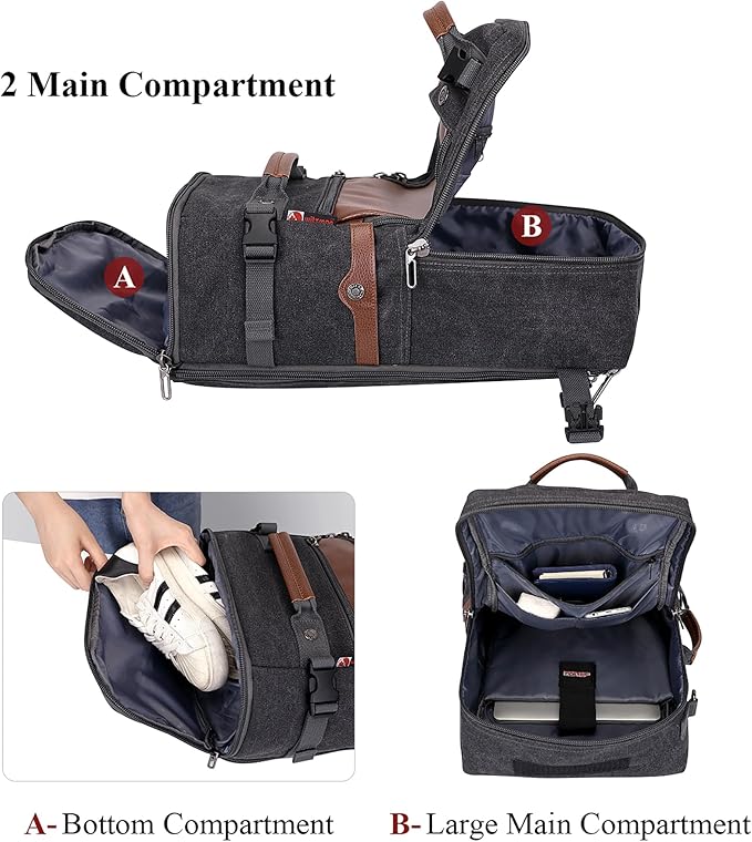 WITZMAN Travel Backpack for Men Women Carry on Luggage Backpack Canvas Rucksack Duffel bag with Shoe Compartment（A2020 black）