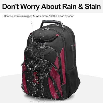Boavan Laptop Backpack for men, 17.3 inch Laptop Bag with USB Port, Waterproof Travel Work Backpack Purse, Anti-Theft Teacher Nurse Doctor Casual Bookbags Office Business backpack，Black&Russet Red