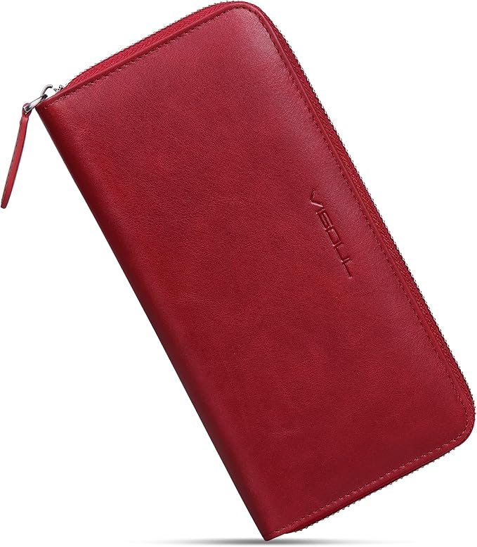 VISOUL Leather Long Zipper Pouch Wallet for Men and Women with RFID Blocking, Large Clutch Cash Long Wallet with Zipper (Burgundy)