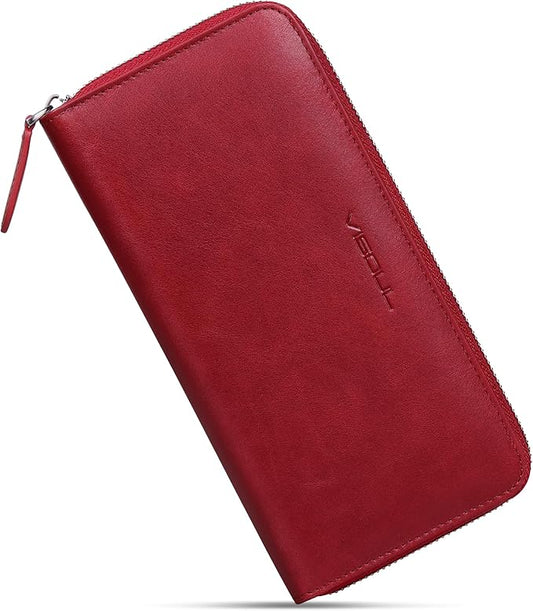 VISOUL Leather Long Zipper Pouch Wallet for Men and Women with RFID Blocking, Large Clutch Cash Long Wallet with Zipper (Burgundy)