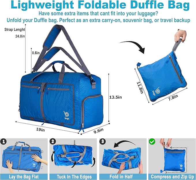 Bago Foldable Duffel Bags for Traveling Women & Men - 40L Sports Packable Duffle Bag for Travel with Shoe Compartment - Water Repellant, Heavy Duty, Lightweight Folding & Collapsible (Blue)