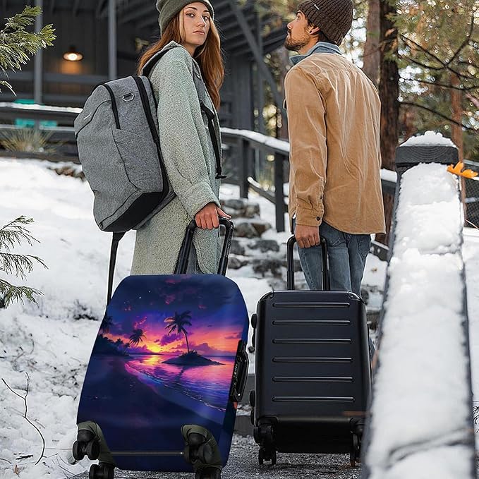 ANNA QUEEN Tropical Sunset Luggage Cover, Vibrant Palm Tree & Sunset Design, Stretchable, Washable Travel Sleeve for 20-34 Inch Suitcases