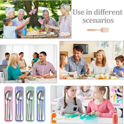 Yinkin 4 Pack Portable Travel Utensils Set with Case Reusable Stainless Steel Silverware Flatware Camping Cutlery Include Fork Spoon Knife for Work School Dishwasher Safe (Purple, Green, Blue, Pink)