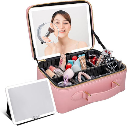 BAREZ Premium PU Leather Makeup Bag With LED Mirror - 3 Brightness Mirror Light Settings - Adjustable Dividers - Removable Mirror Waterproof Cosmetic Travel Bag - A Luxury Gift for Her (Pink)