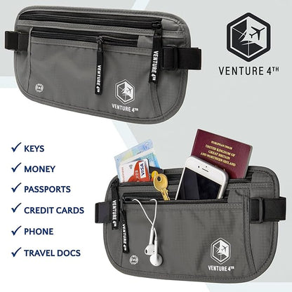 VENTURE 4TH Travel Money Belt - Slim Passport Holder RFID Blocking Travel Pouch to Protect Cash, Credit Cards and Travel Documents (Gray)