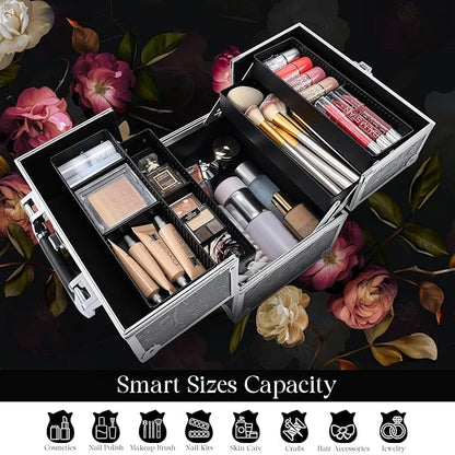 FRENESSA Makeup Train Case Cosmetic Box Portable Makeup Case Organizer 4 Trays Travel Case Storage with Dividers Lockable for Make up Artist Crafter Nail Kits Tools Black Floral