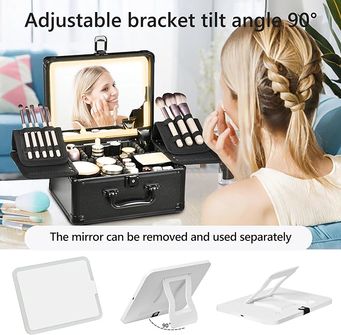 Makeup Case with Lighted Mirror, Makeup Box Organizer with Detachable LED Mirror, Travel Makeup Train Case, Waterproof Cosmetic Organizer, Standing Makeup Brush Holder, Gift, Black