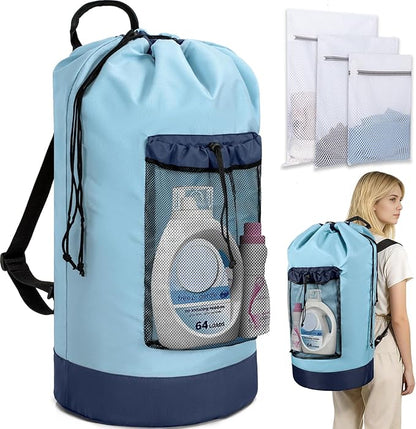 Laundry Bag Backpack with 3 Sizes Mesh Wash Bags and Shoulder Straps Foldable Clothes Hamper Bag with Drawstring Closure for College, Apartment, Laundromat (Light Blue)