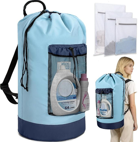 Laundry Bag Backpack with 3 Sizes Mesh Wash Bags and Shoulder Straps Foldable Clothes Hamper Bag with Drawstring Closure for College, Apartment, Laundromat (Light Blue)