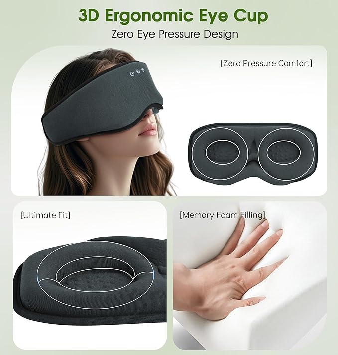 LC-dolida Bamboo Cotton Bluetooth Sleep Mask, 2 in 1 3D Soft Sleep Mask with Sleep Headphones, Sleep Eye Mask with Timming Setting, Blackout Sleeping Mask for Side Sleepers, Women Men, Grey