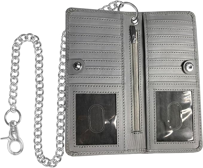CLASSIC Motorcycle Chain Wallet for Men – Premium Cowhide Leather, RFID Bi-Fold Biker Wallet with Heavy Duty Chain for Bikers Truckers & Hunters, Credit Card Money Organizer Long Wallet Aniline Grey