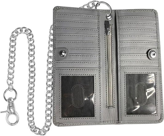 CLASSIC Motorcycle Chain Wallet for Men – Premium Cowhide Leather, RFID Bi-Fold Biker Wallet with Heavy Duty Chain for Bikers Truckers & Hunters, Credit Card Money Organizer Long Wallet Aniline Grey