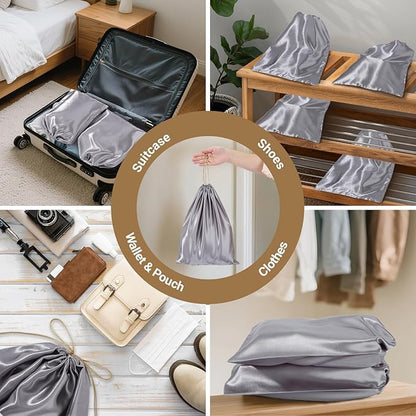 Ewen 7 Pack Small Medium Large Dustproof Satin Drawstring Bags Set, Dustproof Packing Bags with Blank Tags for Purse Organizer Home Organization Storage, Gray Dustbags for Handbag Travel Shoes Closet