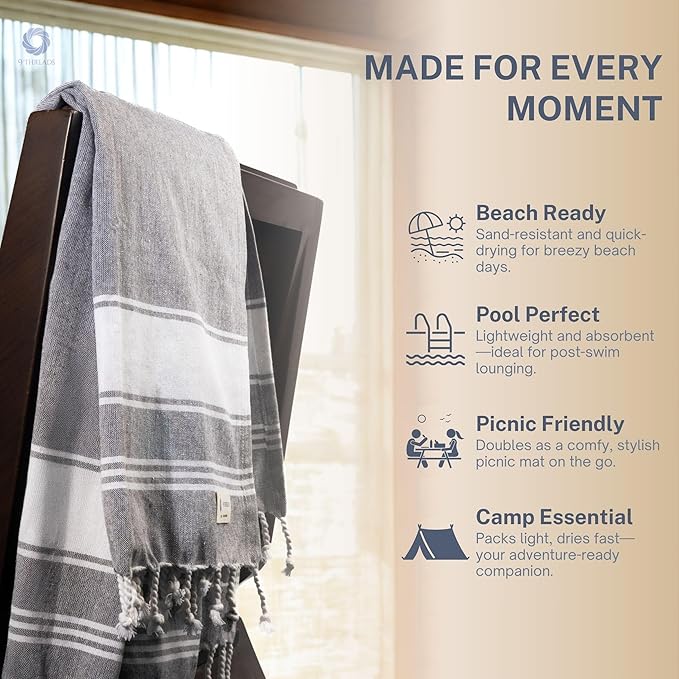 Cotton Turkish Beach Towel Towels Oversized 36"x72" Pool Absorbent Extra Large Quick Dry Sand Travel Towel (Grey, 2 Pack)