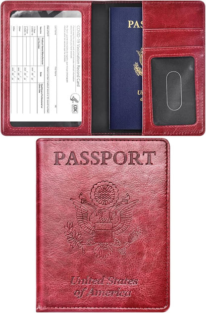 Real Leather Wallet RFID Family Passport Holder Waterproof Travel Black (Red)