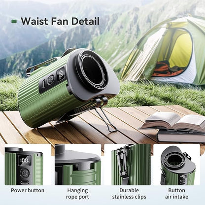 Portable Fan,Rechargeable Waist Fans,11000RPM Strong Airflow Mini Wearable Belt Fan,5 Speed,Personal Clip Waist Fans for Outdoor,Camping,Jobsite,Fishing,Travel (K20-Green)