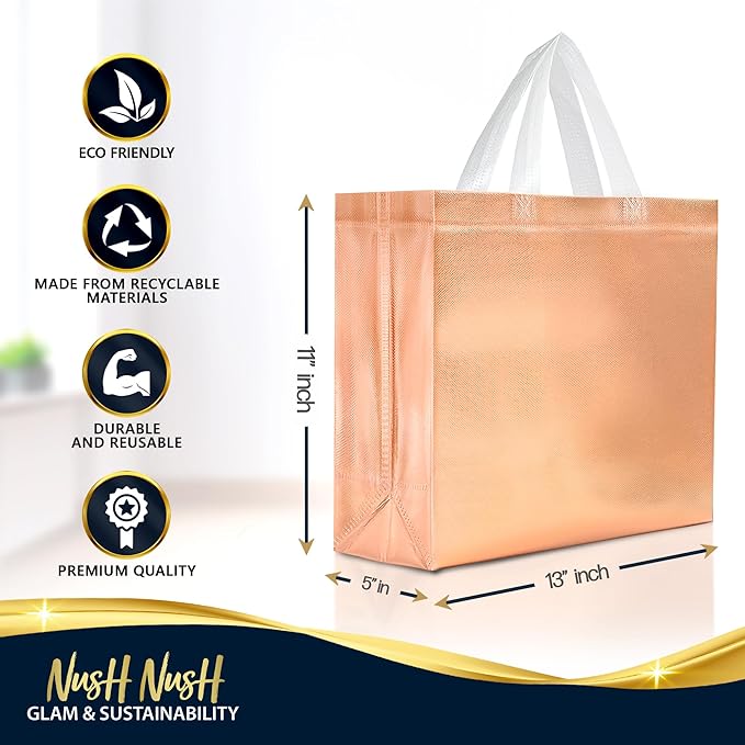 Nush Nush Large Rose Gold Gift Bags Bulk - Set of 60 Shiny Rose Gold Reusable Gift Bags Large Size with Handles - For Small Business, Birthday Party Favors, Bridesmaids, Christmas Gifts - 13Wx5Dx11H