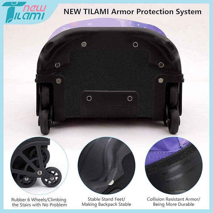 NEW TILAMI 18 Inch Rolling Backpack with Wheels for Girls Boys Kids Laptop Backpack School Travel, PurpleSky