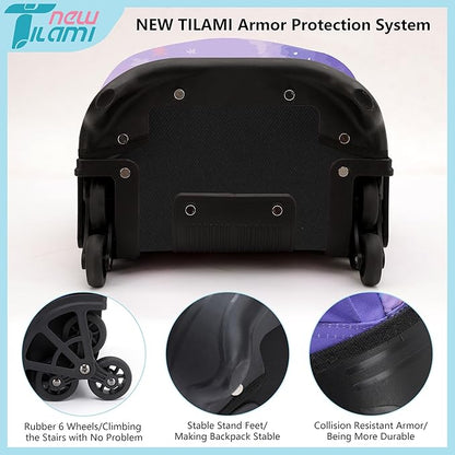 NEW TILAMI 18 Inch Rolling Backpack with Wheels for Girls Boys Kids Laptop Backpack School Travel, PurpleSky