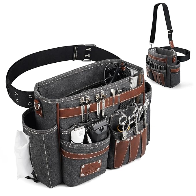 ARCFOX Barber Bag 10.2L, Heat-Insulating Hairstylist Travel Bag with Adjustable Waist Belt & Shoulder Strap, 16oz Canvas and EVA Clipper Shear Case for Razor & Pet Grooming - No Clutter & Easy Access