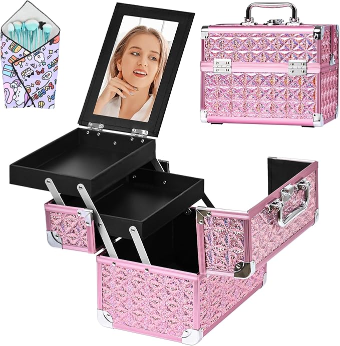 Makeup Case Organizer,Makeup Train Case, Trays Cosmetic Box Portable, Profesional for Salon Barber,Pink