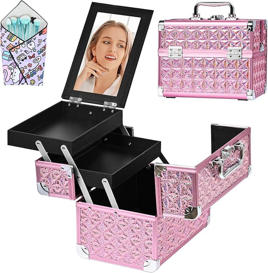 Makeup Case Organizer,Makeup Train Case, Trays Cosmetic Box Portable, Profesional for Salon Barber,Pink