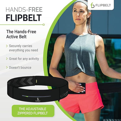 FlipBelt Adjustable Running Belt, Fitness and Running Fanny Pack for Women and Men, Non Chafing Waist Band Pack for Phone Keys Money, Moisture Wicking Storage Belt, USA Company