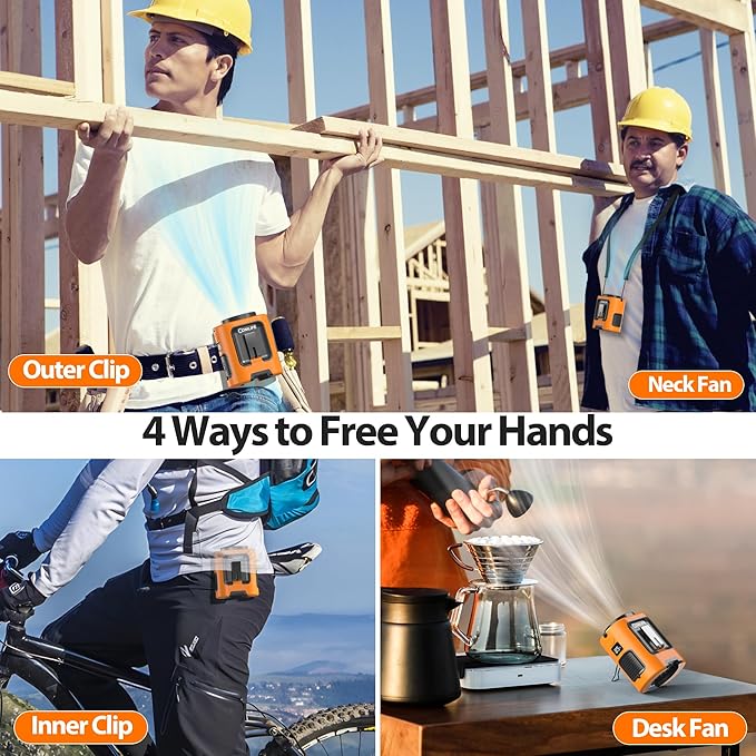 Portable Mini Waist Fan - Personal Wearable Clip on Belt Fan, Rechargeable Battery Operated, Max 25H Cooling,4 Speeds 13000RPM Turbo Hands-Free Shirt Neck Fan for Outdoor Jobsite Camping Traveling