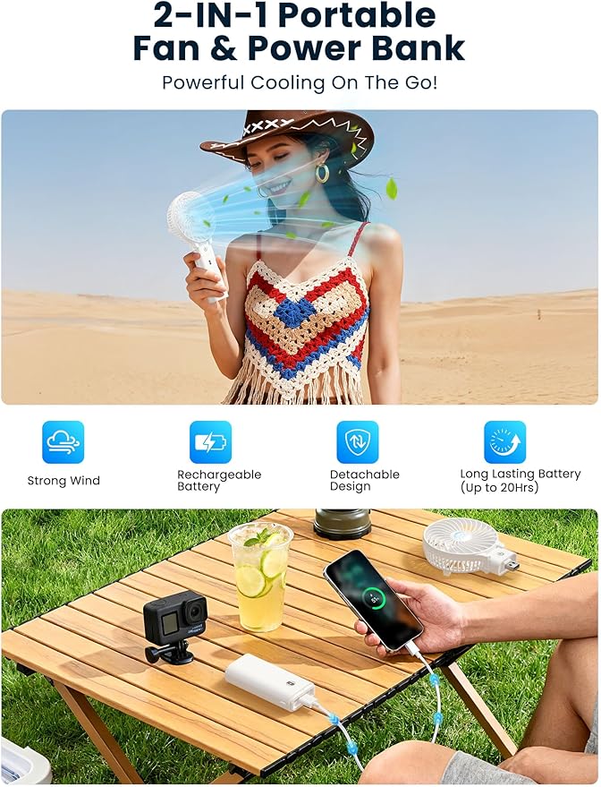 HandFan 5200mAh Personal Fan Handheld,180° Foldable Hand Held, Battery Operated Rechargeable Fan, Portable Charger Design, 3 Speeds,20H Runtime for Travel/Wedding/Camping/Outdoors/Indoors (White)