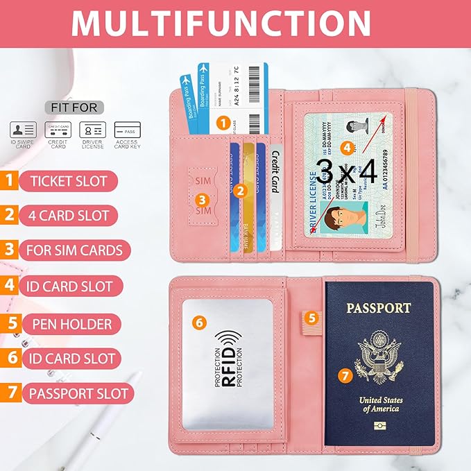 Melsbrinna Rfid Passport Holder for Travel women/Men, Cute Passport Wallet Rfid Blocking Card Slots, Rfid Passport Cover/CaseTravel Wallet, Passport Book Holder (1, Pink3)