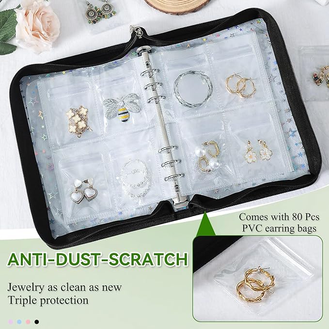 Earring Organizer Case Travel Jewelry Storage Book Clear with Small Zippered Pouch (Black, With 80 Pcs small Jewelry Pouches)