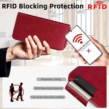 VISOUL Leather Long Zipper Pouch Wallet for Men and Women with RFID Blocking, Large Clutch Cash Long Wallet with Zipper (Burgundy)