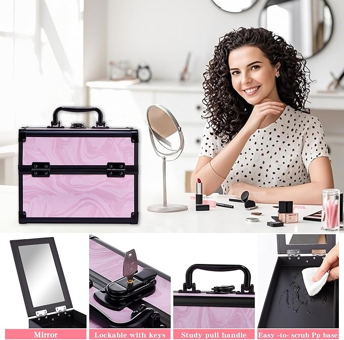 Makeup Train Case, Portable Makeup Case with Mirror, 2-Trays Cosmetic Organizer Case,Nail Polish Organizer, Travel Makeup Box, Profesional for Salon Barber, Pattern Black Pink