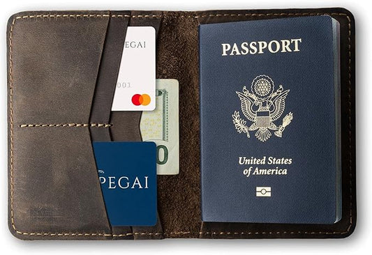 PEGAI Standard Full Grain Crazy Horse Leather Passport Holder | Custom Travel Passport Cover & Organizer | Handcrafted Leather Passport Wallet for Men and Women | Pike (Chestnut)