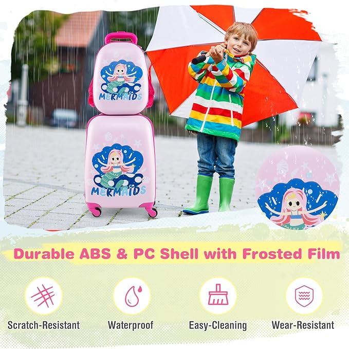 KOTEK Kids Carry On Luggage Set, 16" Hardside Rolling Suitcase with Spinner Wheels, Travel Rolling Luggage for Boys Girls (Mermaid)